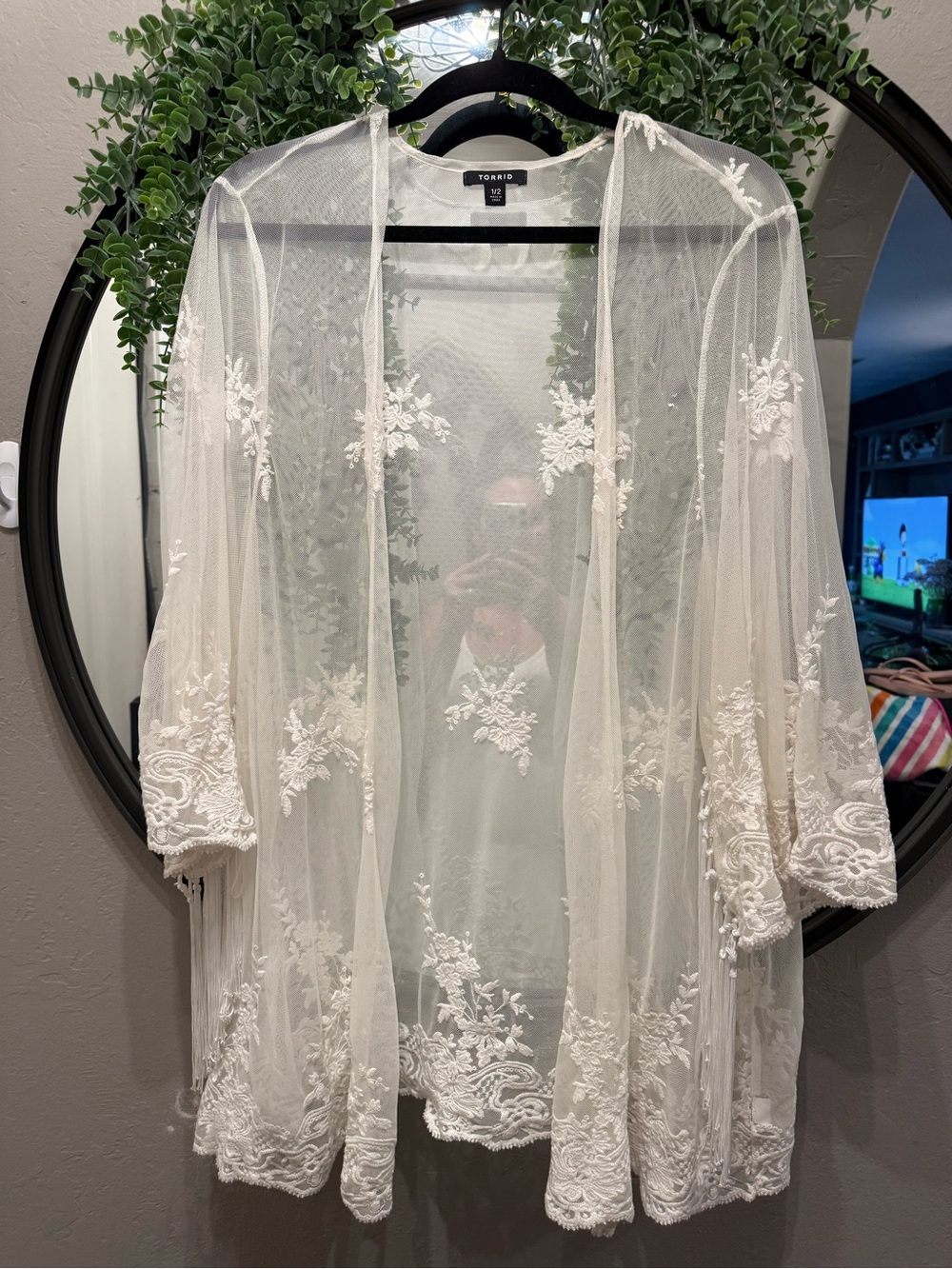 torrid Ivory Sheer Embroidered Kimono Cardigan with fringe